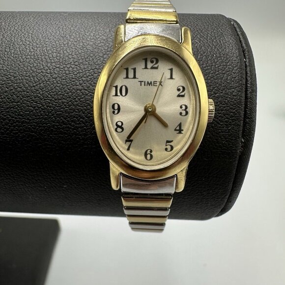 3/$30 Timex Cavatina Watch Women Silver/ Gold Oval Stretch Band Working 5.5" - Picture 1 of 11